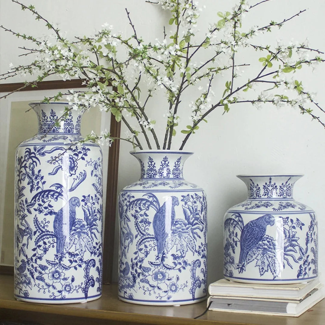 Objects & Accessories - Hand-painted Floral, Blue And White Chinoiserie Vases, Porcelain