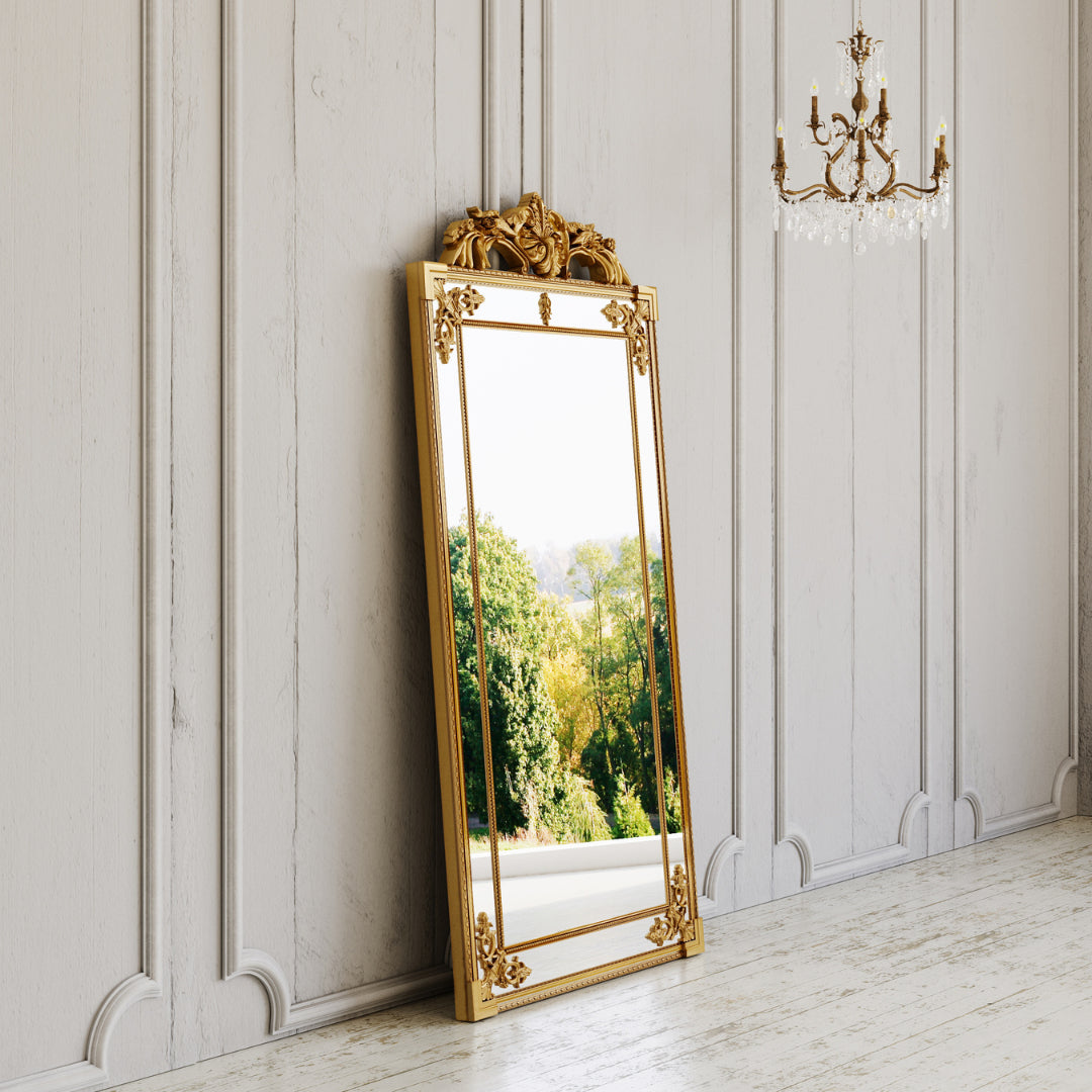 Objects & Accessories - Manon Mirror: French Gilt Gold Floor Mirror With Intricate Carvings