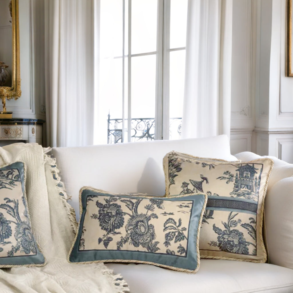 Soft Furnishings - Velvet Toile De Jouy, Delft Blue Pillow Covers