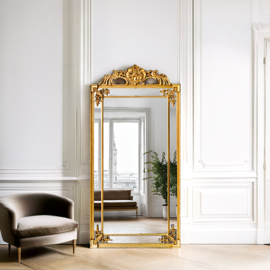 Objects & Accessories - Manon Mirror: French Gilt Gold Floor Mirror With Intricate Carvings