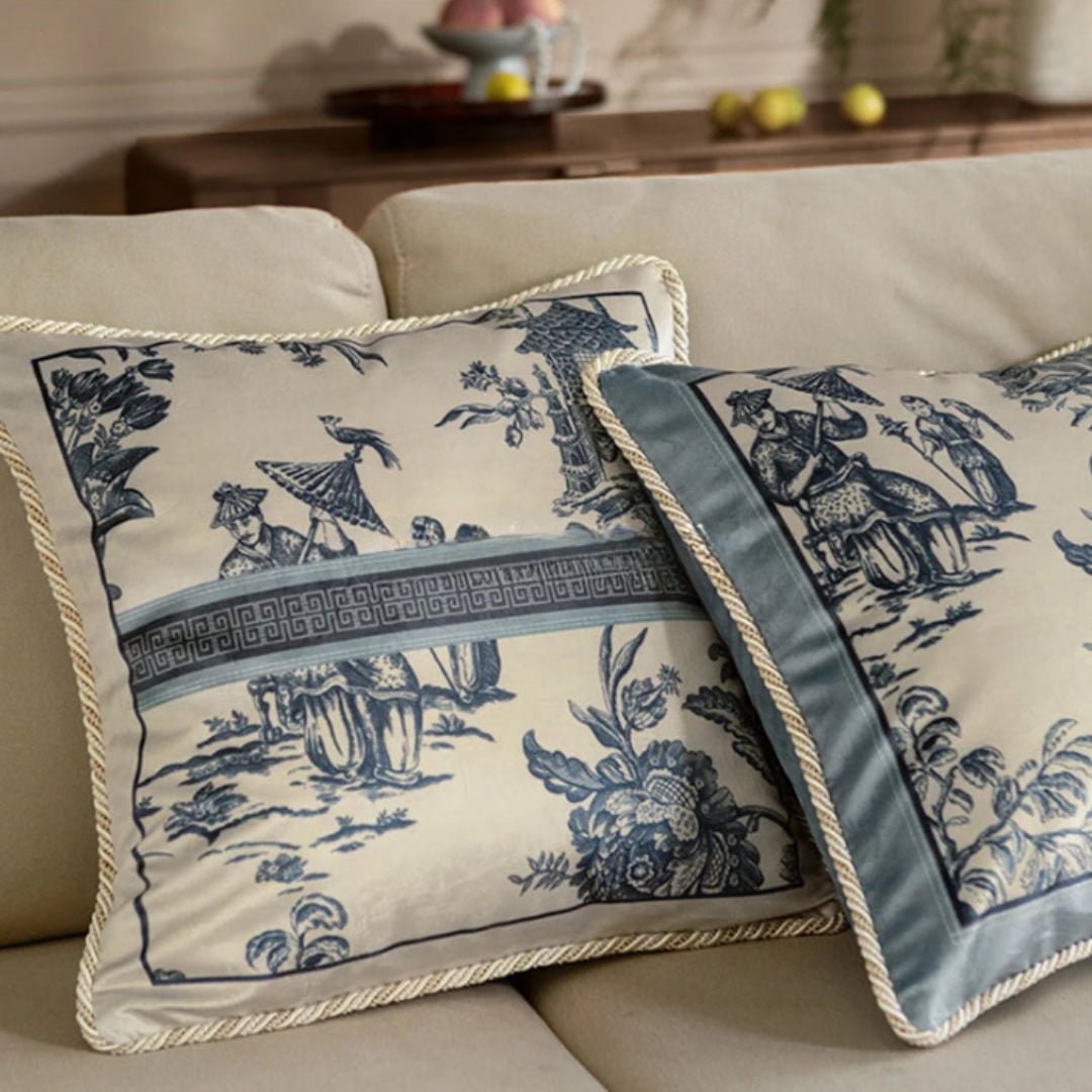 Soft Furnishings - Velvet Toile De Jouy, Delft Blue Pillow Covers